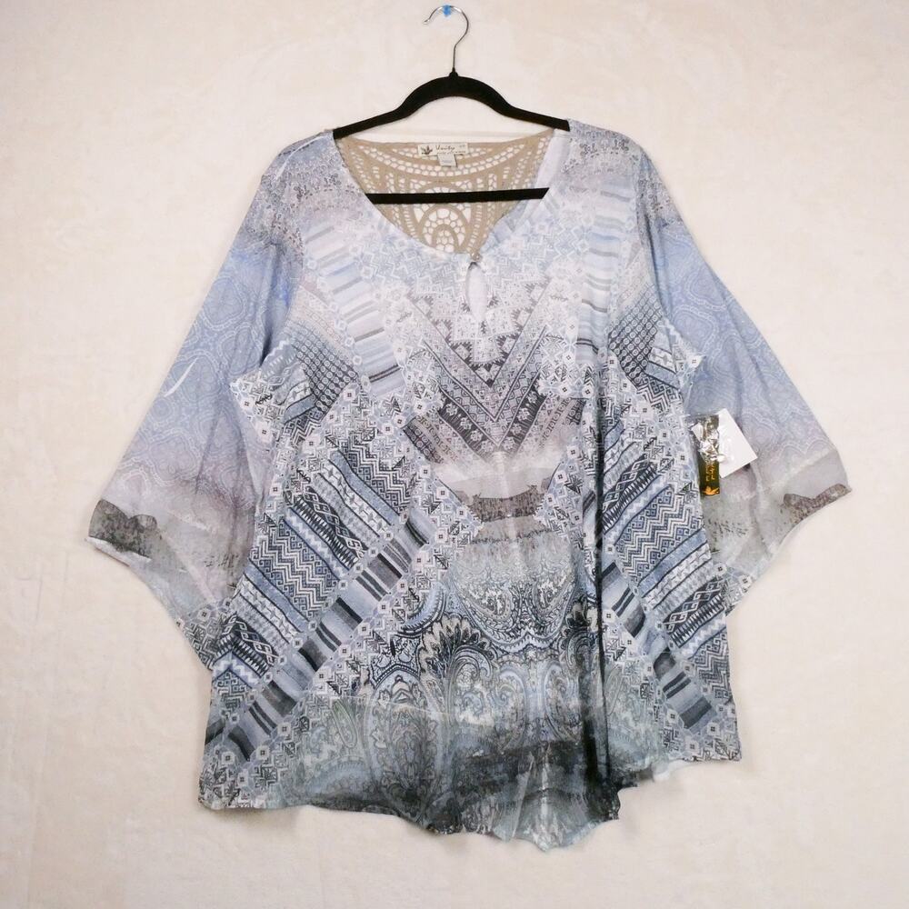 NWT Unity World Wear Blue Top Size 2X XXL Bell Sleeves Crochet Back Boho Mama